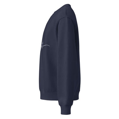 Navy blue sweatshirt with a small white design on the sleeve against a white background