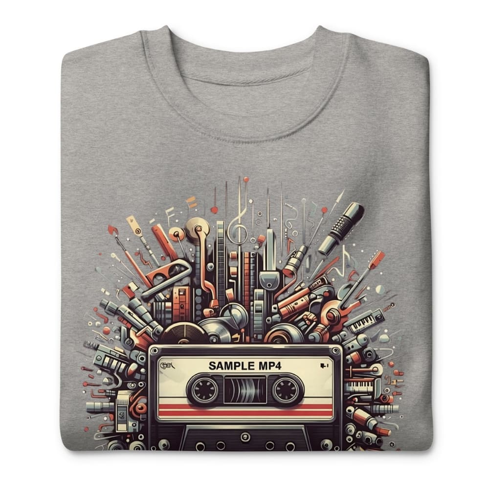 Gray sweatshirt with a colorful cassette tape design on a white background