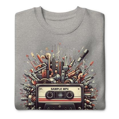 Gray sweatshirt with a colorful cassette tape design on a white background