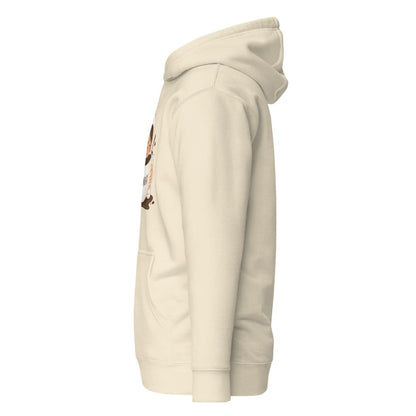 Beige hoodie with a small graphic on the chest against a white background