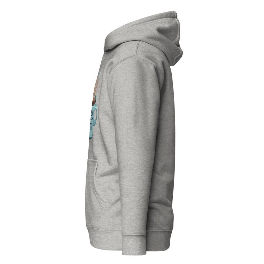 Gray hoodie with a small graphic on the chest against a white background