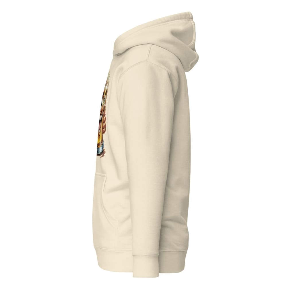 Beige hoodie with a graphic on the sleeve against a white background