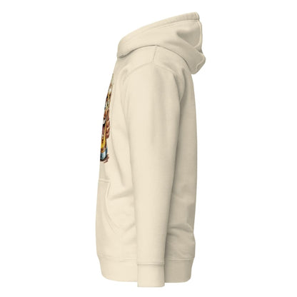 Beige hoodie with a graphic on the sleeve against a white background