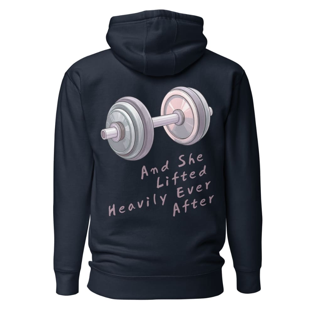 Black hoodie with a graphic of dumbbells and text on the back against a white background