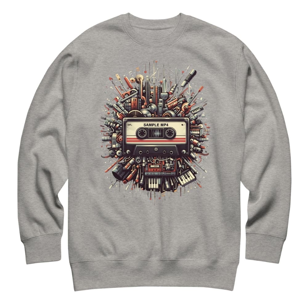 Gray sweatshirt with a cassette tape and music equipment design on a white background