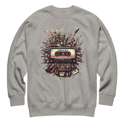 Gray sweatshirt with a cassette tape and music equipment design on a white background