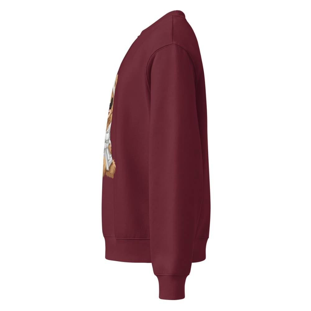 Maroon sweatshirt with a graphic design on the sleeve against a white background