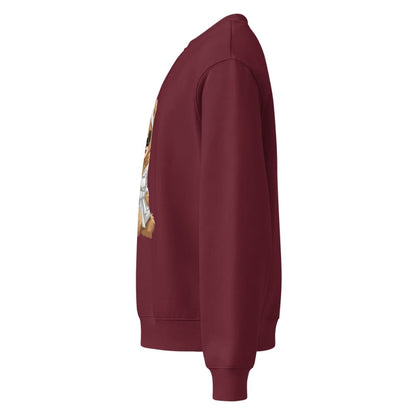 Maroon sweatshirt with a graphic design on the sleeve against a white background