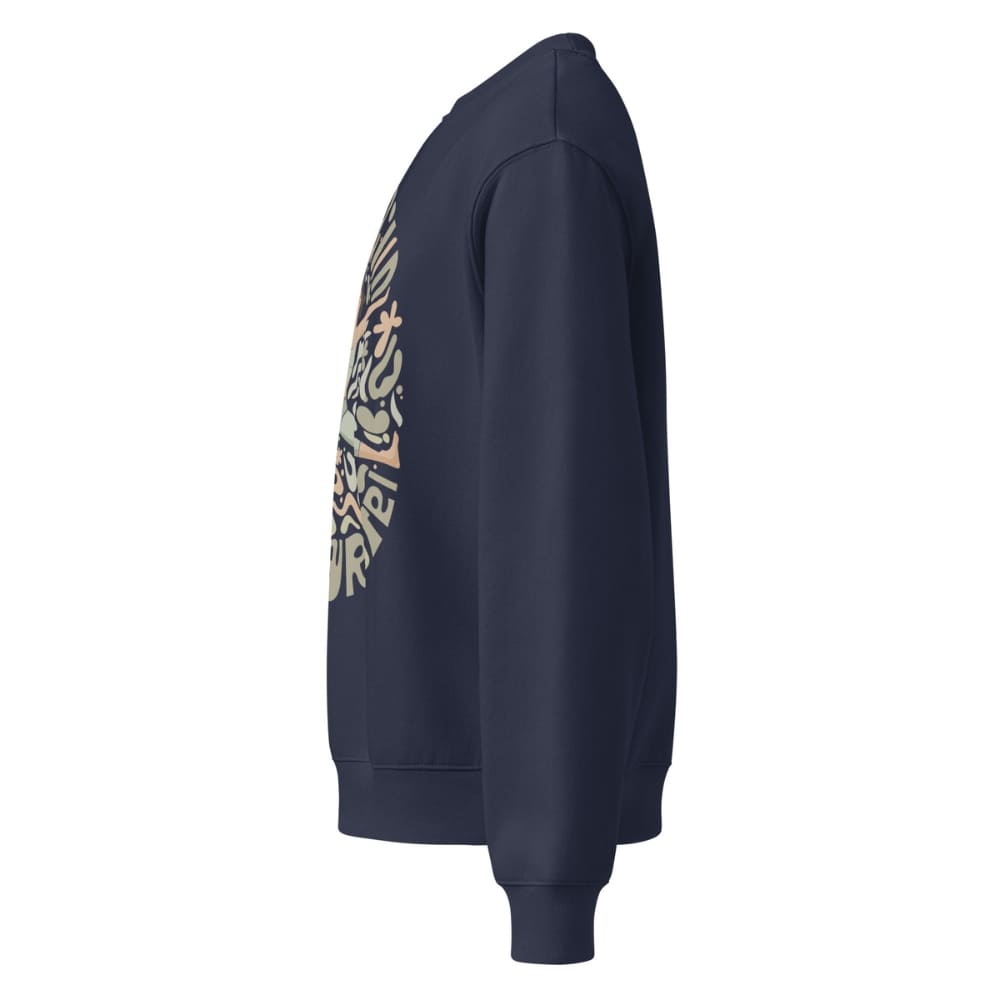 Navy blue sweatshirt with a graphic design on the sleeve against a white background