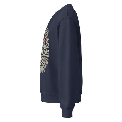 Navy blue sweatshirt with a graphic design on the sleeve against a white background