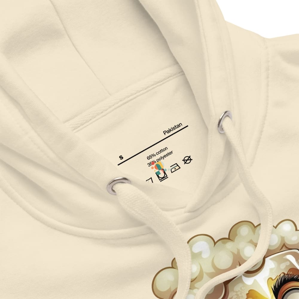 Beige hoodie with a brand logo on a white background