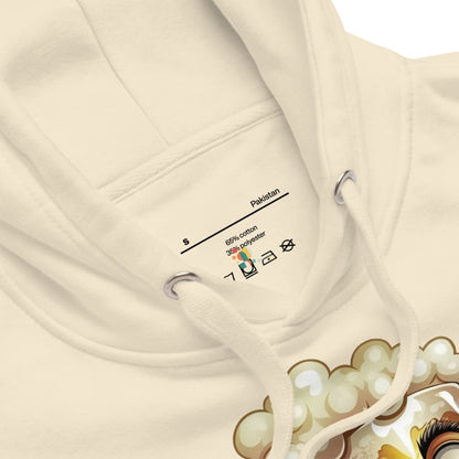 Beige hoodie with a brand logo on a white background