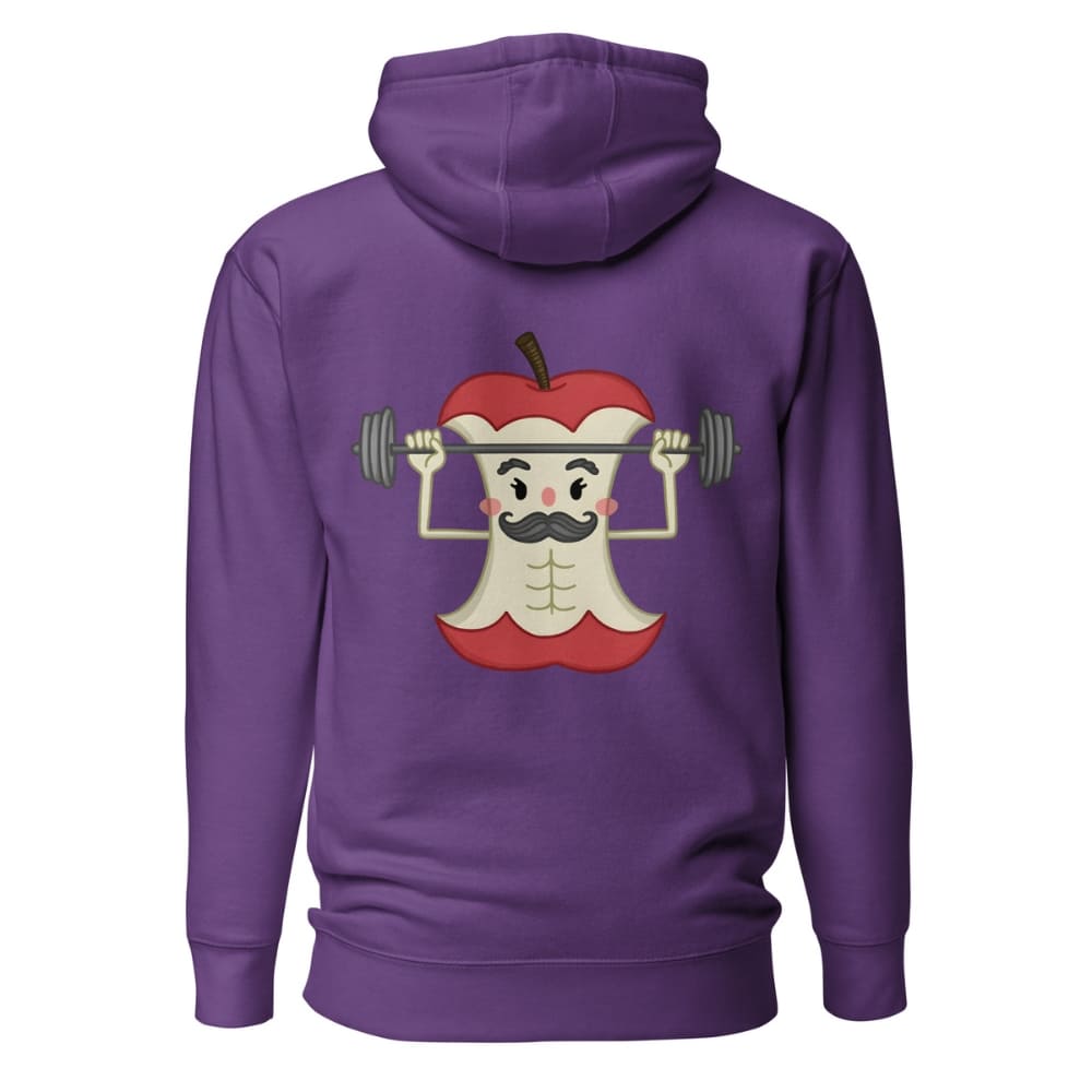 Purple hoodie with a cartoon apple character lifting weights on the back