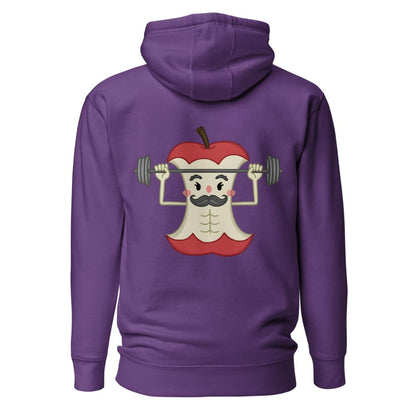 Purple hoodie with a cartoon apple character lifting weights on the back
