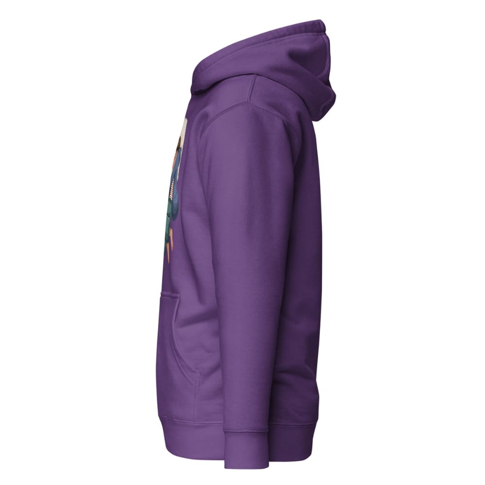 Purple hoodie with a colorful graphic on the sleeve against a white background