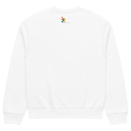 White sweatshirt with a small embroidered design on a white background