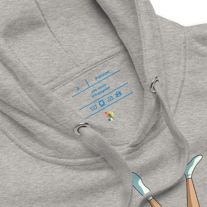 Gray hoodie with brand logo and text on the chest pocket against a white background