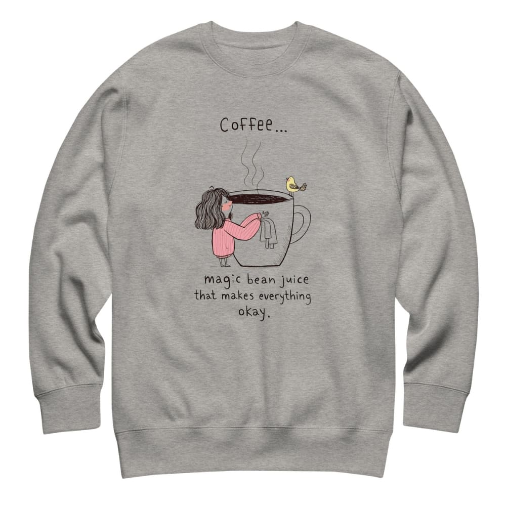 Gray sweatshirt with a graphic of a person holding a coffee cup and text on a white background