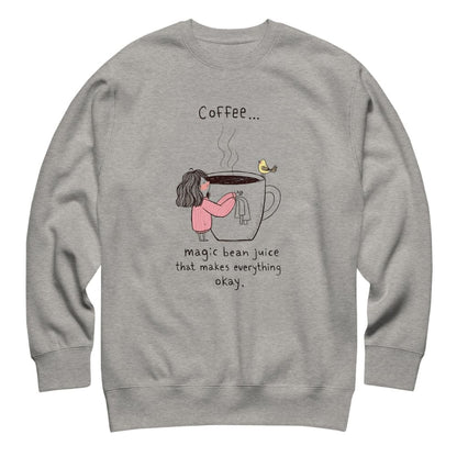 Gray sweatshirt with a graphic of a person holding a coffee cup and text on a white background