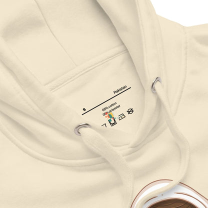Close-up of a beige garment with a label on a white background