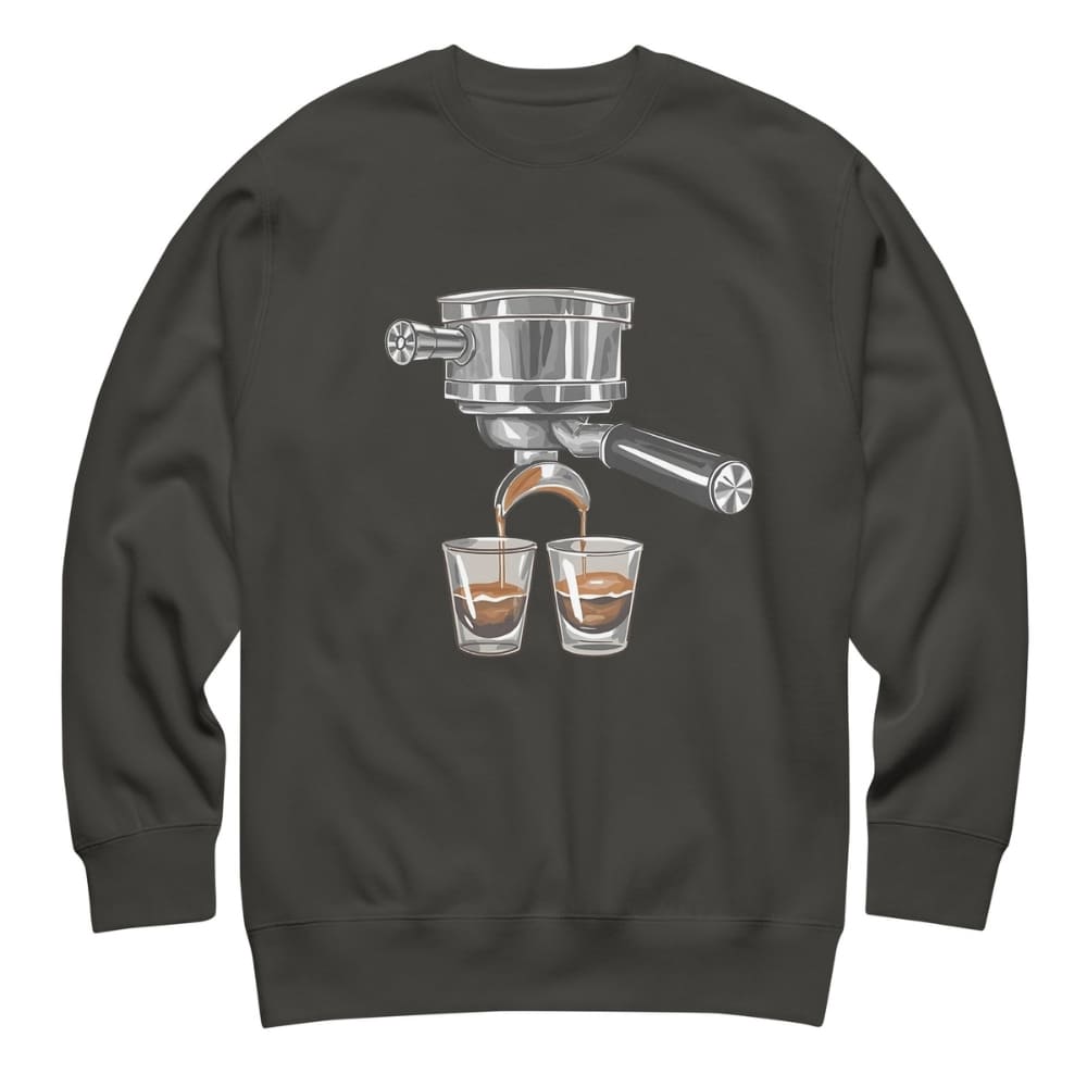 Black sweatshirt with a graphic of a coffee grinder and two cups on a white background