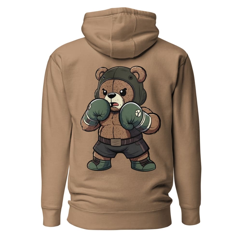 Brown hoodie with a bear graphic on the back against a white background