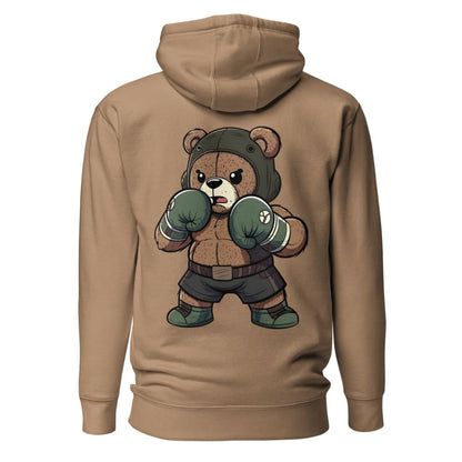 Brown hoodie with a bear graphic on the back against a white background