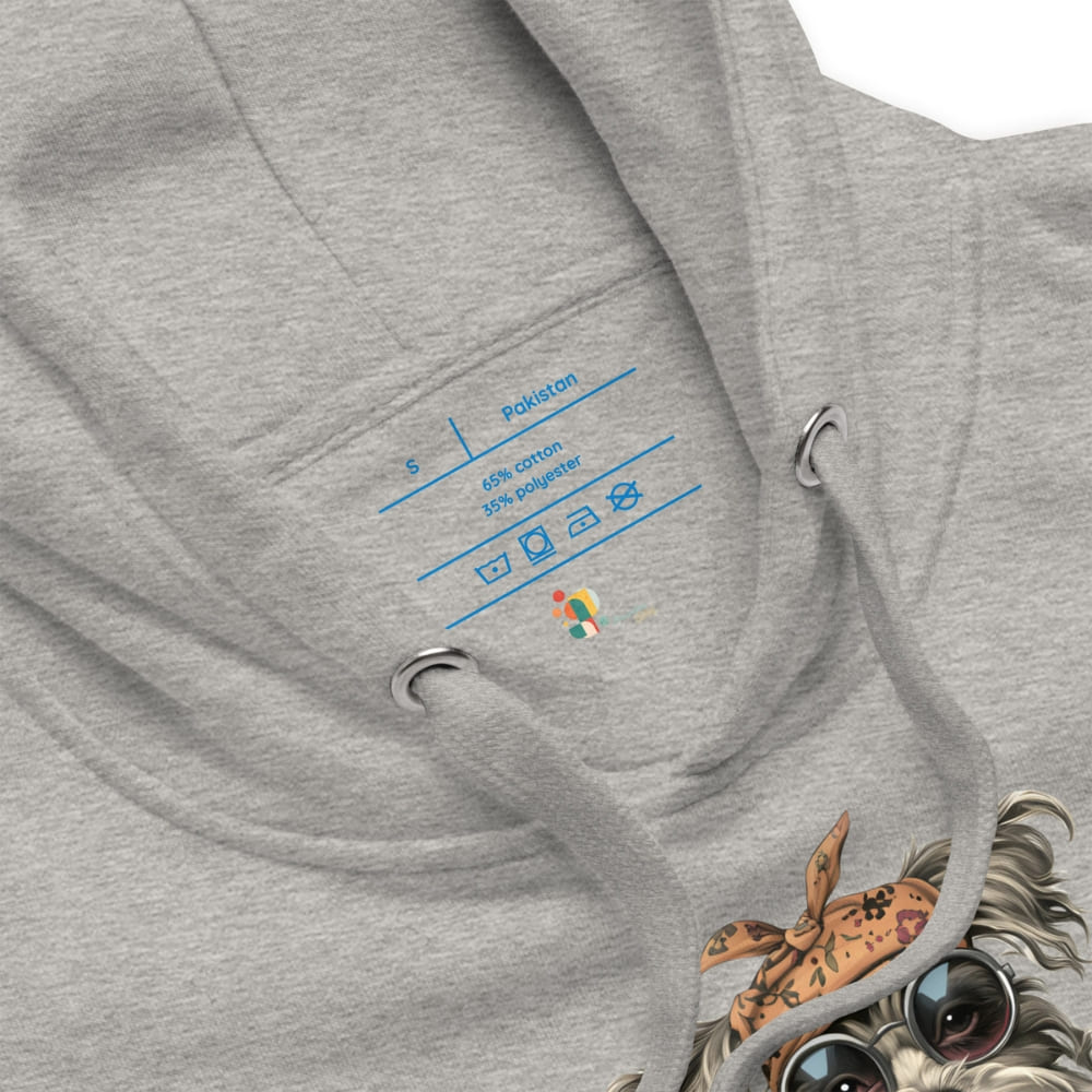 Gray hoodie with a colorful graphic design on the chest