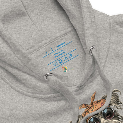 Gray hoodie with a colorful graphic design on the chest