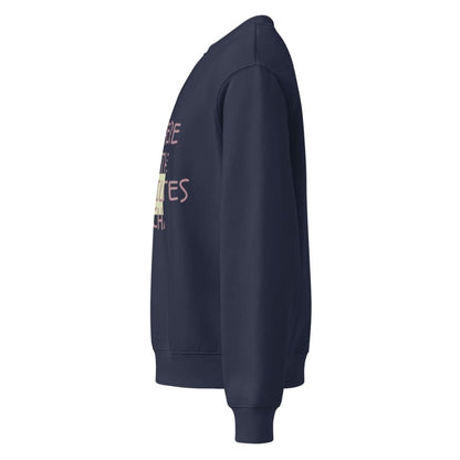 Navy blue sweatshirt with text on the sleeve against a white background