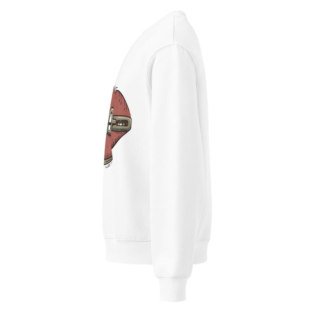 White hoodie with a red and black graphic on the chest against a white background