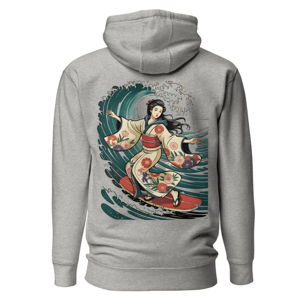 Gray hoodie with a colorful graphic of a woman on the back on a white background