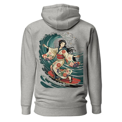 Gray hoodie with a colorful graphic of a woman on the back on a white background