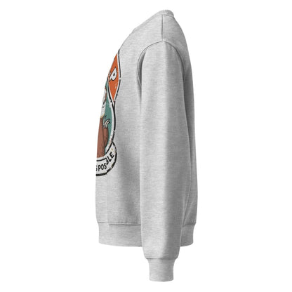 Gray sweatshirt with a logo on the chest against a white background