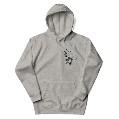 Gray hoodie with a small graphic on the chest against a white background