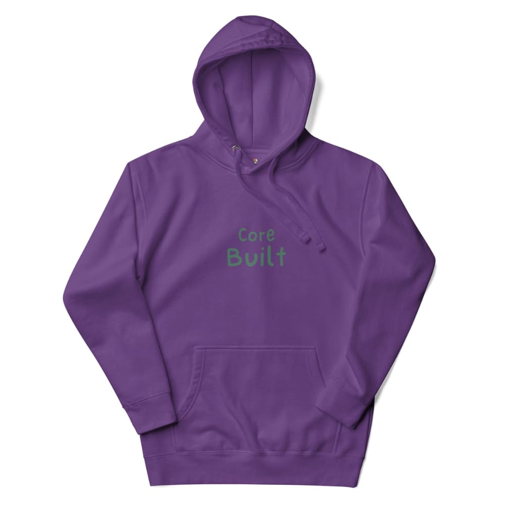 Purple hoodie with 'Core Built' text on a white background