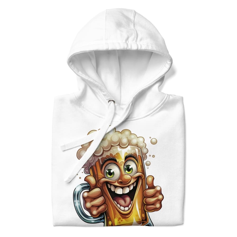 White hoodie with a cartoon beer mug design on a white background