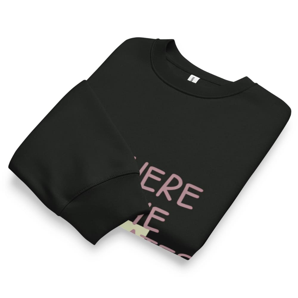 Black sweatshirt with pink text on a white background
