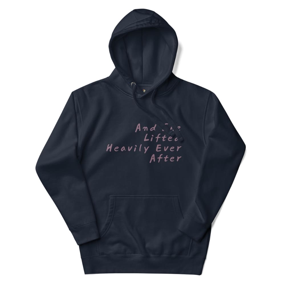 Navy blue hoodie with text on a white background