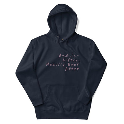 Navy blue hoodie with text on a white background
