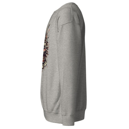 Gray sweatshirt with a colorful graphic on the sleeve against a white background