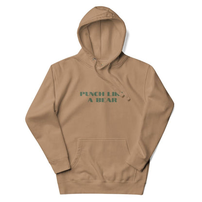 Brown hoodie with 'Punch Like a Bear' text on a white background
