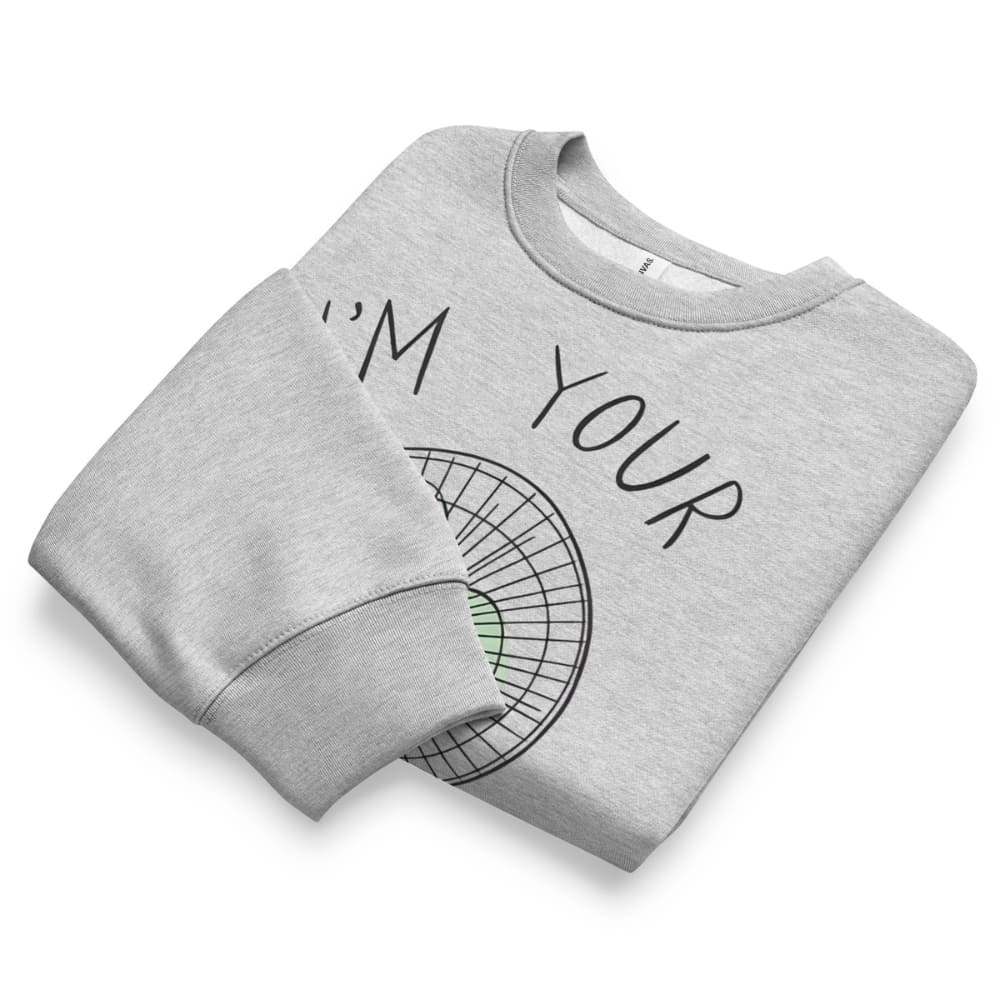Folded gray sweatshirt with text design on a white background