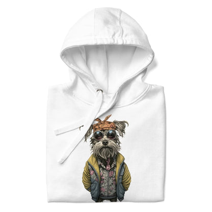 White hoodie with a dog graphic wearing sunglasses and a jacket on a white background