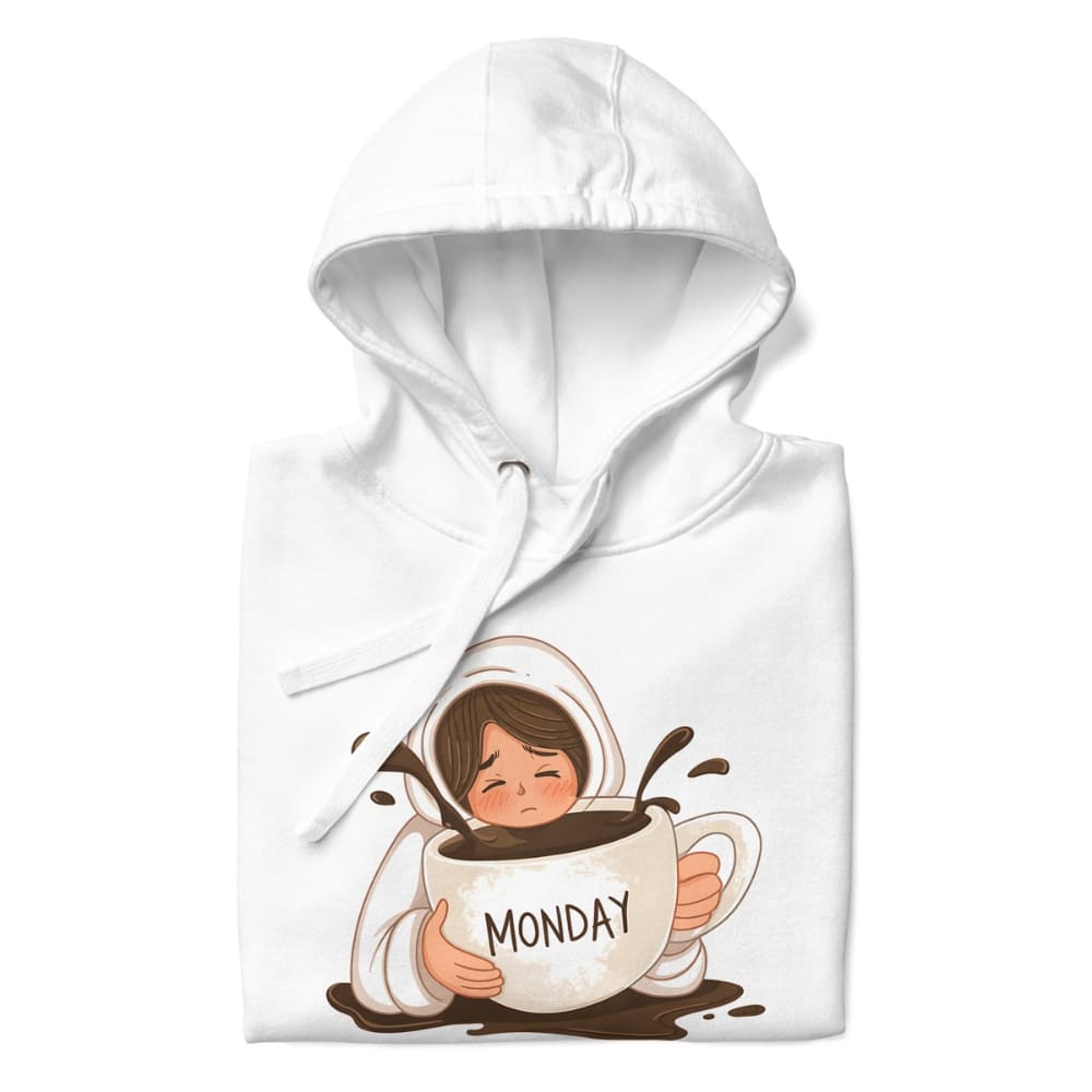 White hoodie with a cartoon design of a person in a coffee cup labeled 'Monday'.