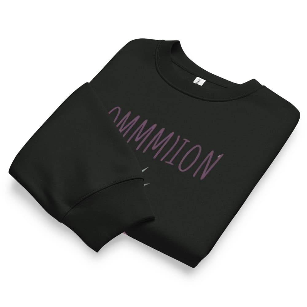 Black sweatshirt with pink text on a white background