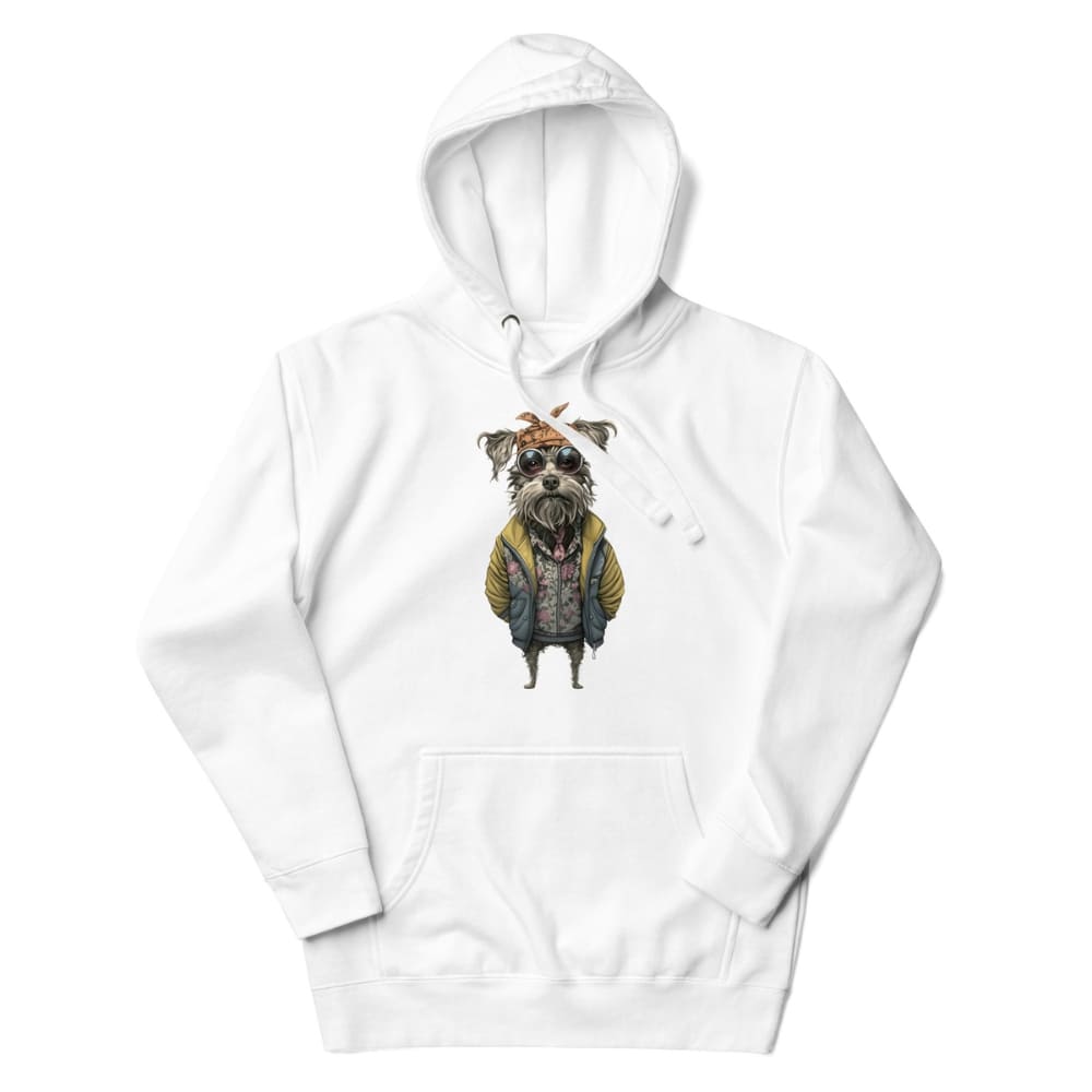 White hoodie with a dog graphic on a white background