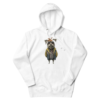 White hoodie with a dog graphic on a white background