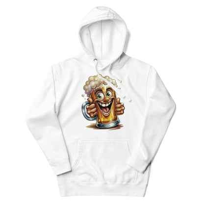 White hoodie with a cartoon design of a mug with foam and a face on a white background
