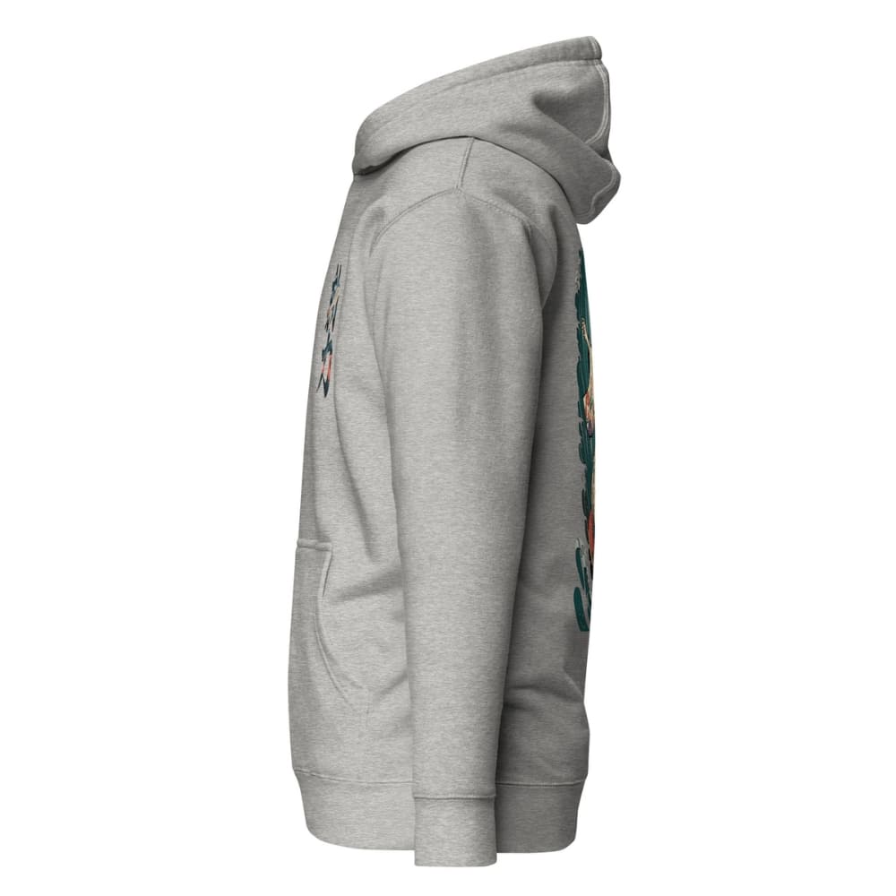 Gray hoodie with colorful designs on sleeves against a white background